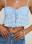 front view of model wearing Princess Polly Flicker Top Blue Sleeveless Sweetheart 