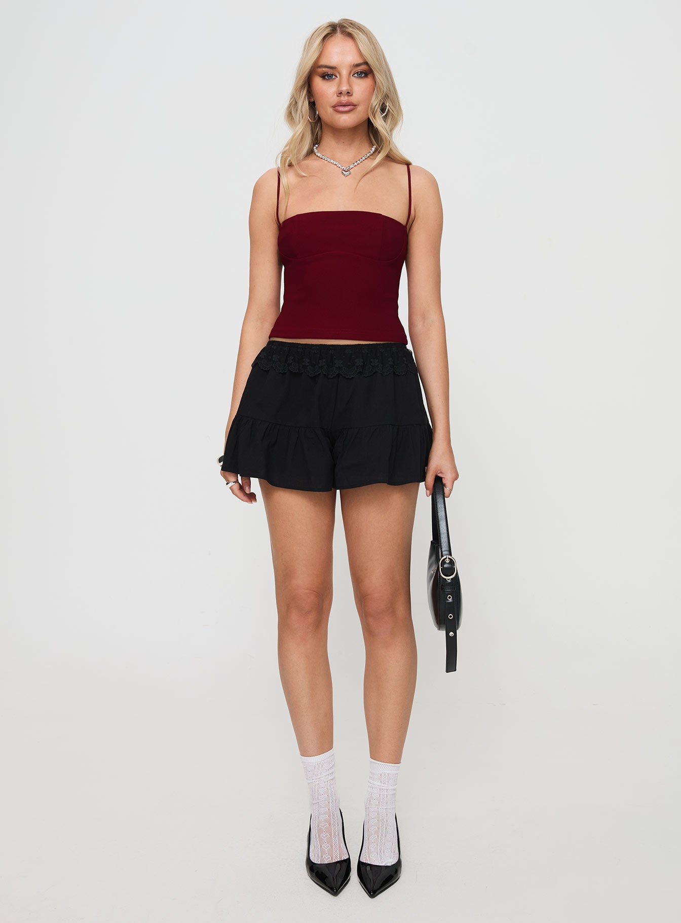 front view of model wearing Princess Polly Tarragon Top Burgundy Sleeveless Square Neck 