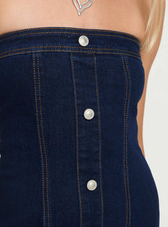 front view of model wearing Princess Polly Stoltz Denim Midi Dress Blue Straight Neck 