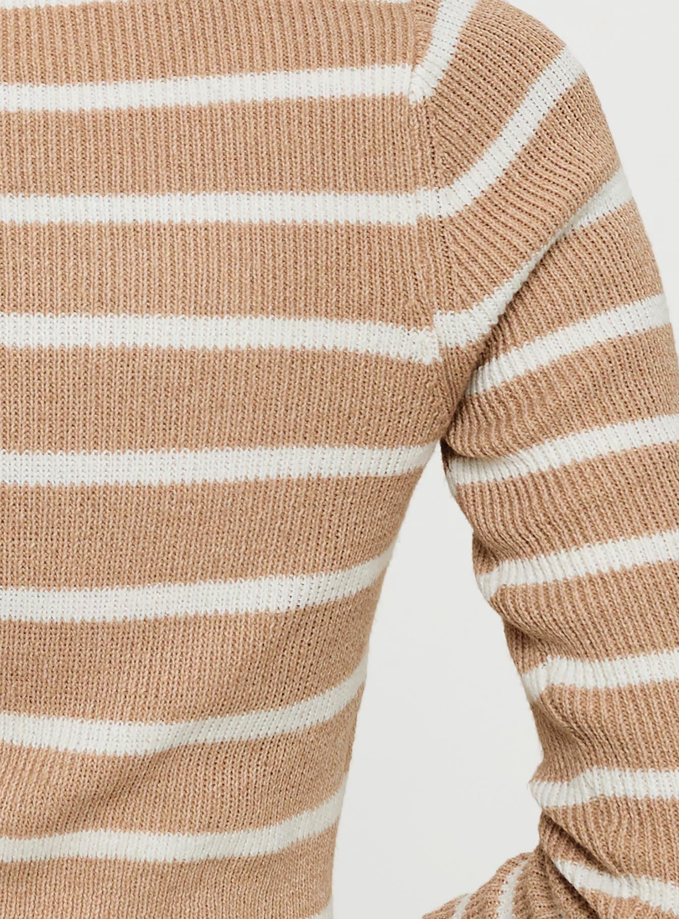 back view of model wearing Princess Polly Devis Long Sleeve Top Beige / White Full Sleeves V-Neck 