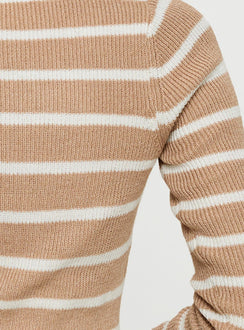 back view of model wearing Princess Polly Devis Long Sleeve Top Beige / White Full Sleeves V-Neck 