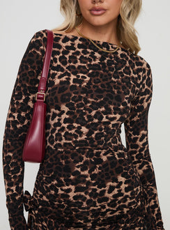 front view of model wearing Princess Polly Glory Mini Dress Leopard Boat Neck 