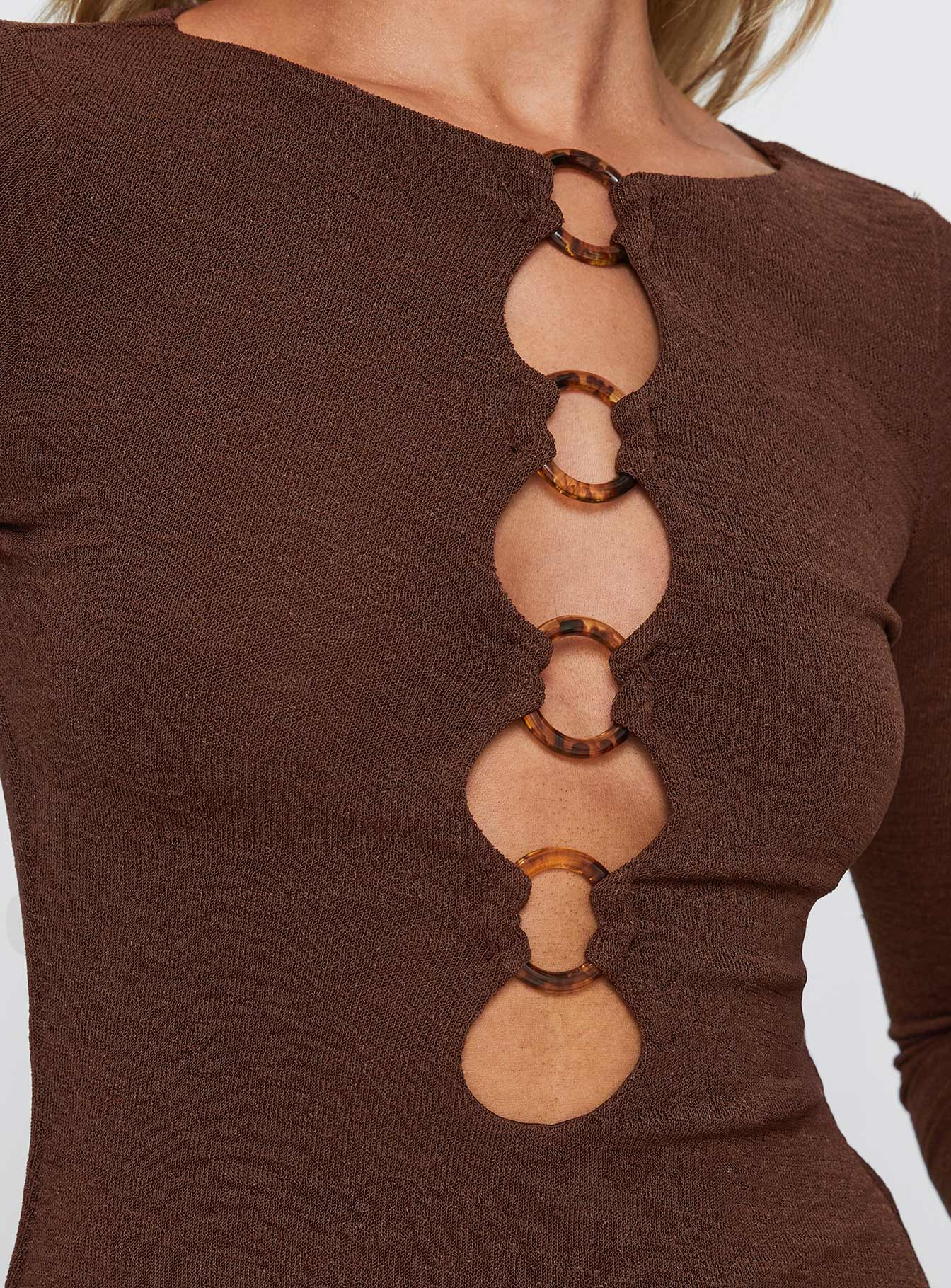 back view of model wearing Princess Polly Dejonge Ring Mini Dress Brown Crew Neck 