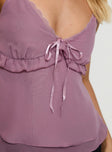 back view of model wearing Princess Polly Taini Top Purple Sleeveless Plunger 