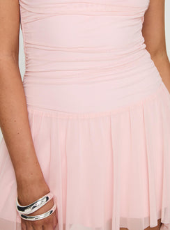 back view of model wearing Princess Polly Helion Mini Dress Pink Square Neck 