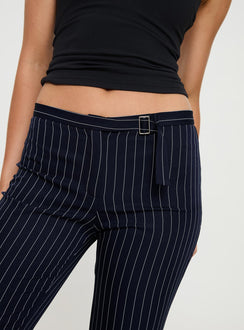back view of model wearing Princess Polly No One Low Waist Pinstripe Pants Navy Mid Rise 