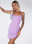 Front view of model wearing  front Princess Polly High Neck  Violetta Mini Dress Purple Tall