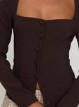 back view of model wearing Princess Polly Gaskin Long Sleeve Top Brown Full Sleeves Square Neck 