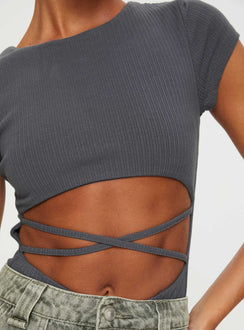 back view of model wearing Princess Polly Nicola Bodysuit Slate Short Sleeves Crew Neck 