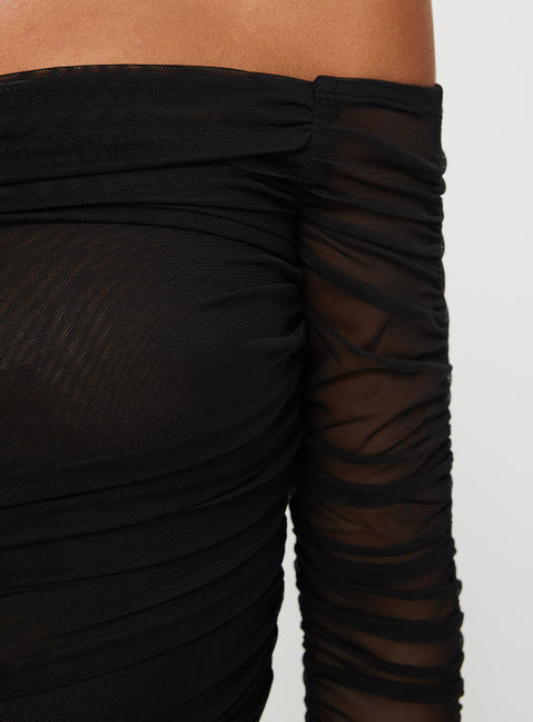 Front view of model wearing  front Princess Polly Full Sleeves Square Neck  Hartford Off The Shoulder Top Black