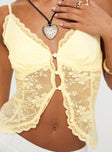 back view of model wearing Princess Polly Juliana Top Light Yellow Lace Sleeveless V-Neck 