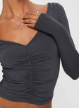 Front view of model wearing  front Princess Polly Full Sleeves V-Neck  Moylan Long Sleeve Top Grey