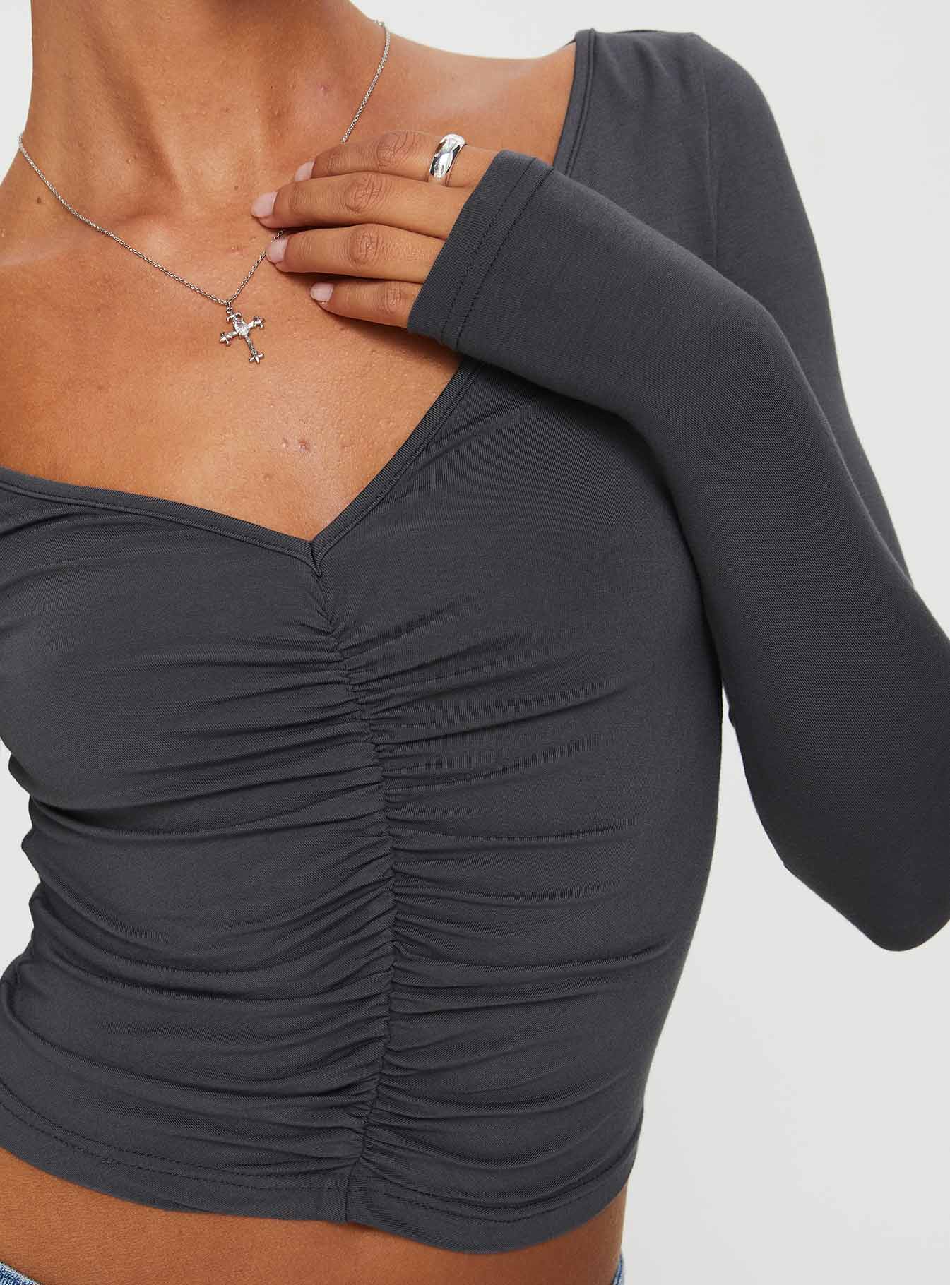 Front view of model wearing  front Princess Polly Full Sleeves V-Neck  Moylan Long Sleeve Top Grey