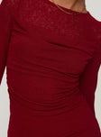 back view of model wearing Princess Polly Epiphany Long Sleeve Mini Dress Burgundy High Neck 