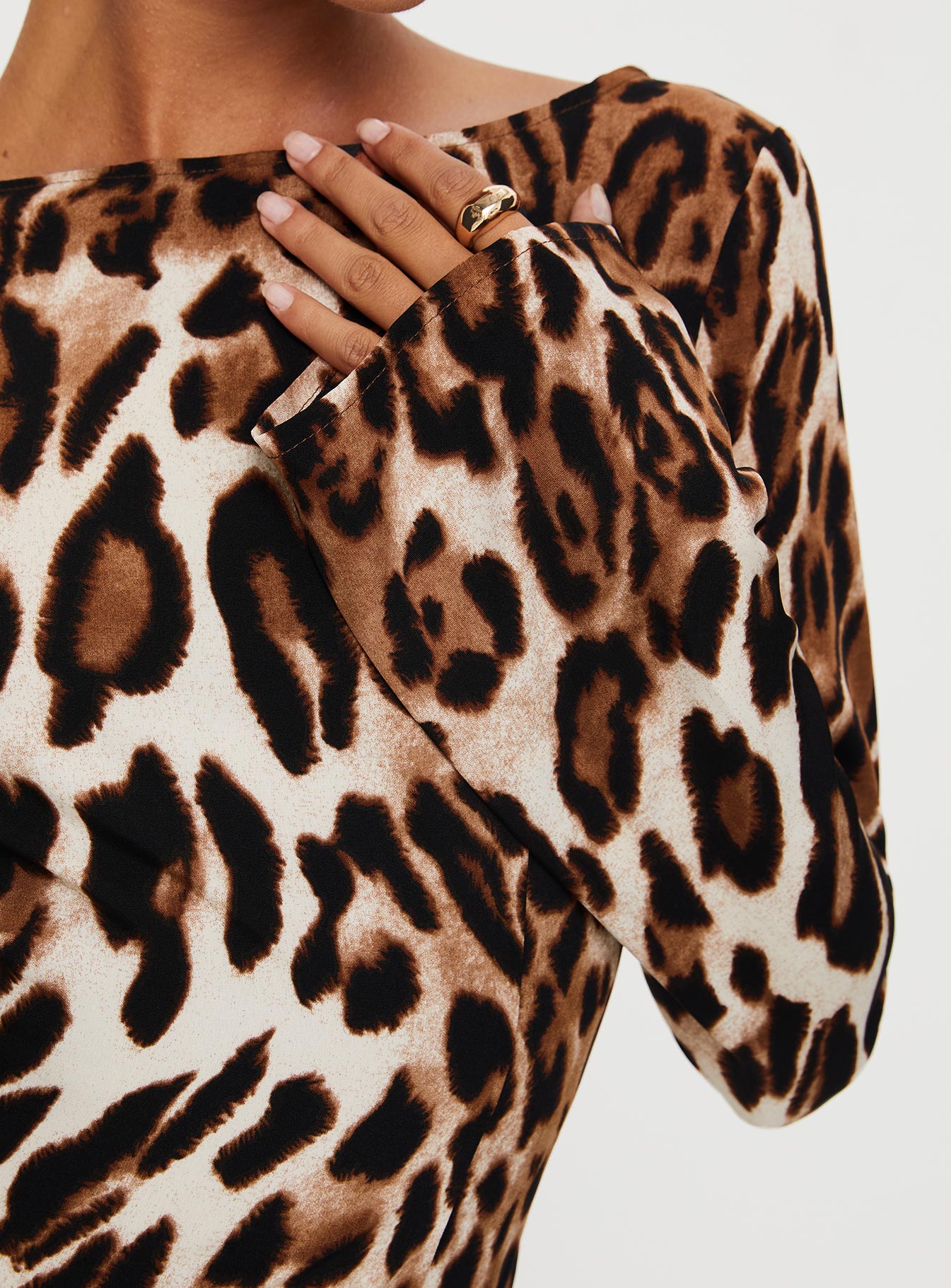 Front view of model wearing  front Princess Polly Boat Neck Boat Neck  Harmony Long Sleeve Mini Dress Leopard