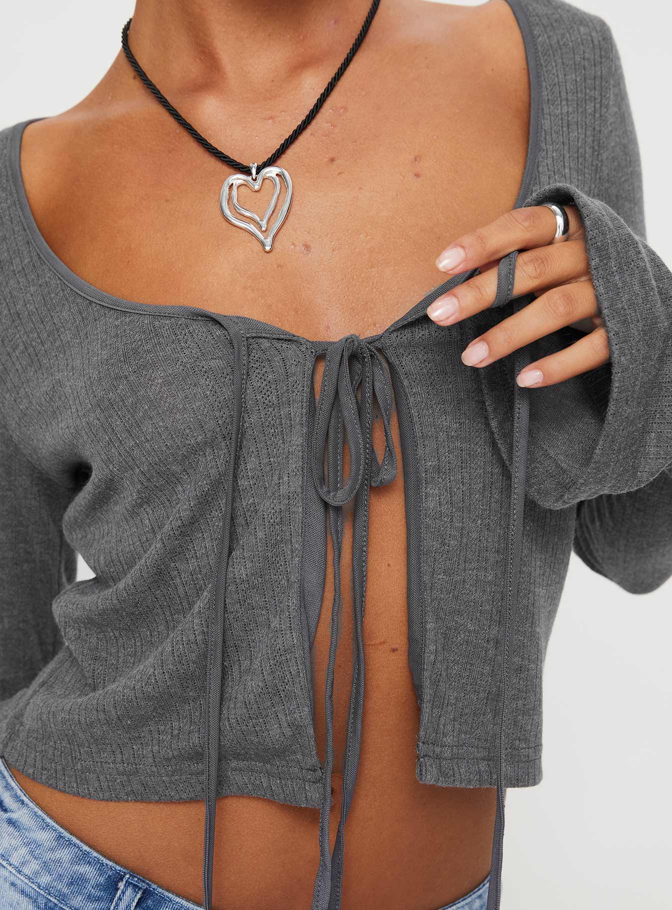 Front view of model wearing  front Princess Polly Full Sleeves Scoop Neck  Barbaro Long Sleeve Top Slate Grey