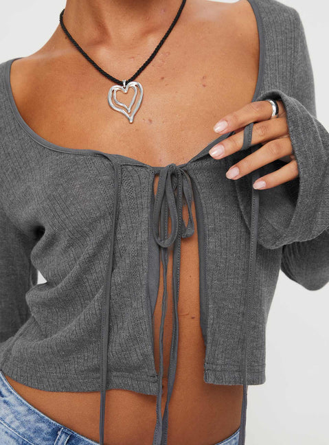 Front view of model wearing  front Princess Polly Full Sleeves Scoop Neck  Barbaro Long Sleeve Top Slate Grey