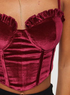 Front view of model wearing  front Princess Polly Full Sleeves Sweetheart  Briddell Velvet Corset Top Red