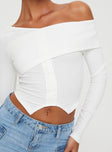 Front view of model wearing  front Princess Polly Full Sleeves Asymmetric Neckline  Ferotti Off The Shoulder Top White