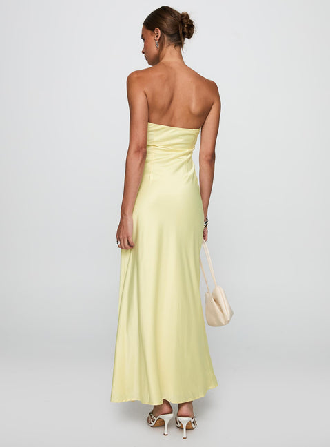 back view of model wearing Princess Polly Chevalier Strapless Maxi Dress Lemon Sweetheart Neckline 