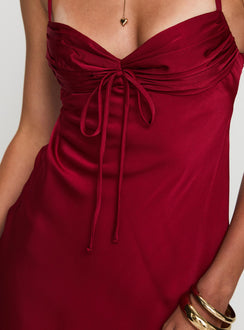 back view of model wearing Princess Polly Glendon Mini Dress Burgundy Sweetheart Neckline 