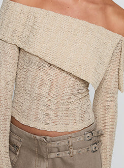 back view of model wearing Princess Polly Cardamom Long Sleeve Top Beige Full Sleeves straight 