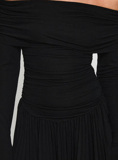 back view of model wearing Princess Polly Field Of Dreams Long Sleeve Mini Dress Onyx Straight Neck 