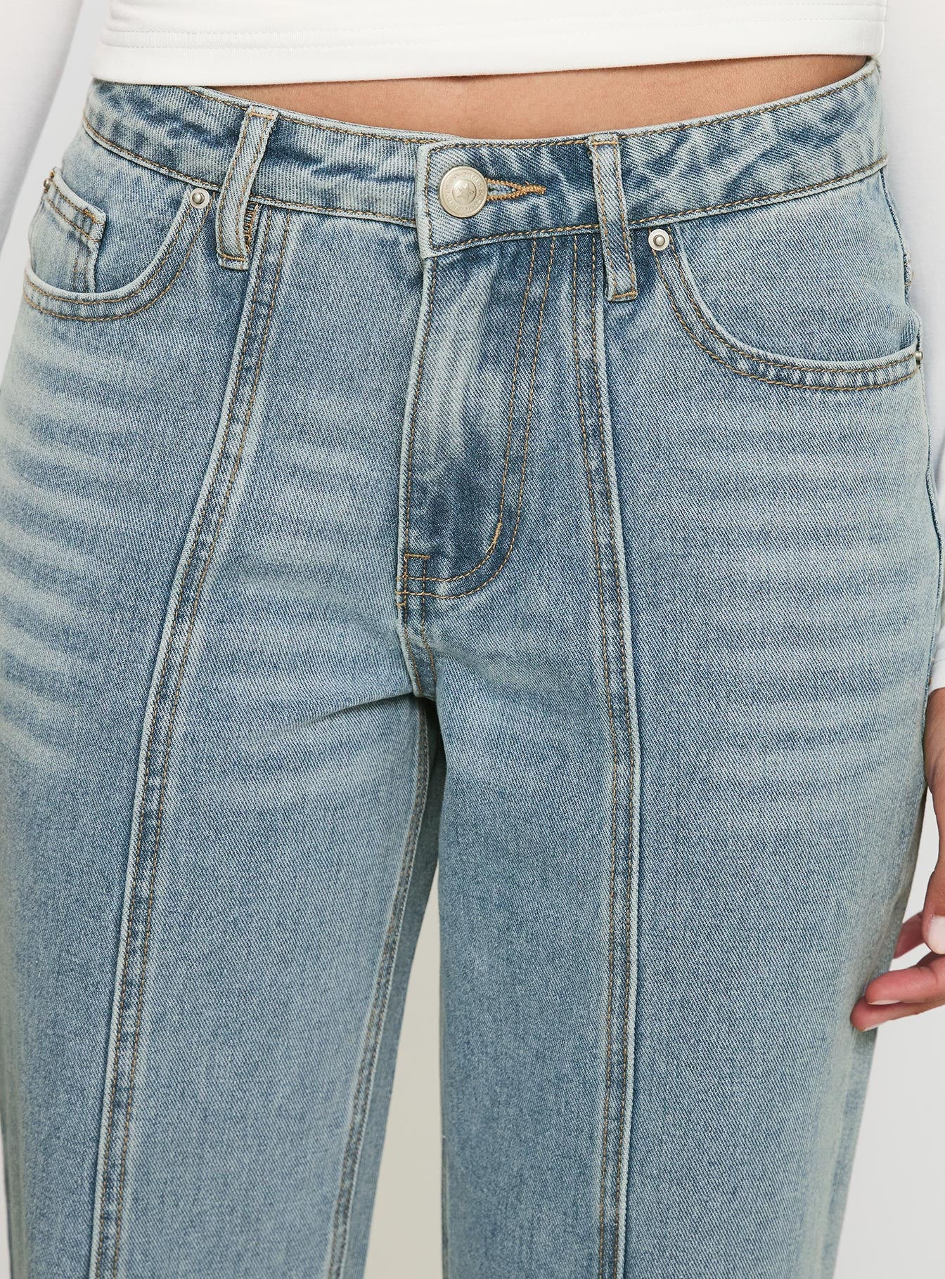 back view of model wearing Princess Polly White Mustang Side Split Jean Light Blue Mid Rise 