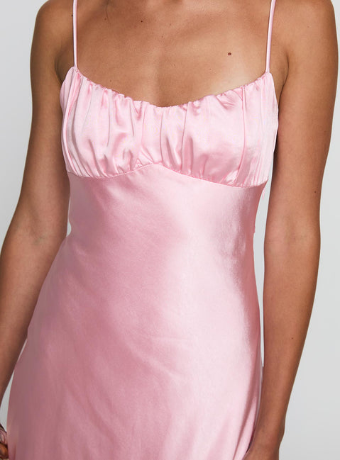 back view of model wearing Princess Polly Penelopi Maxi Dress Pink Sweetheart Neckline 