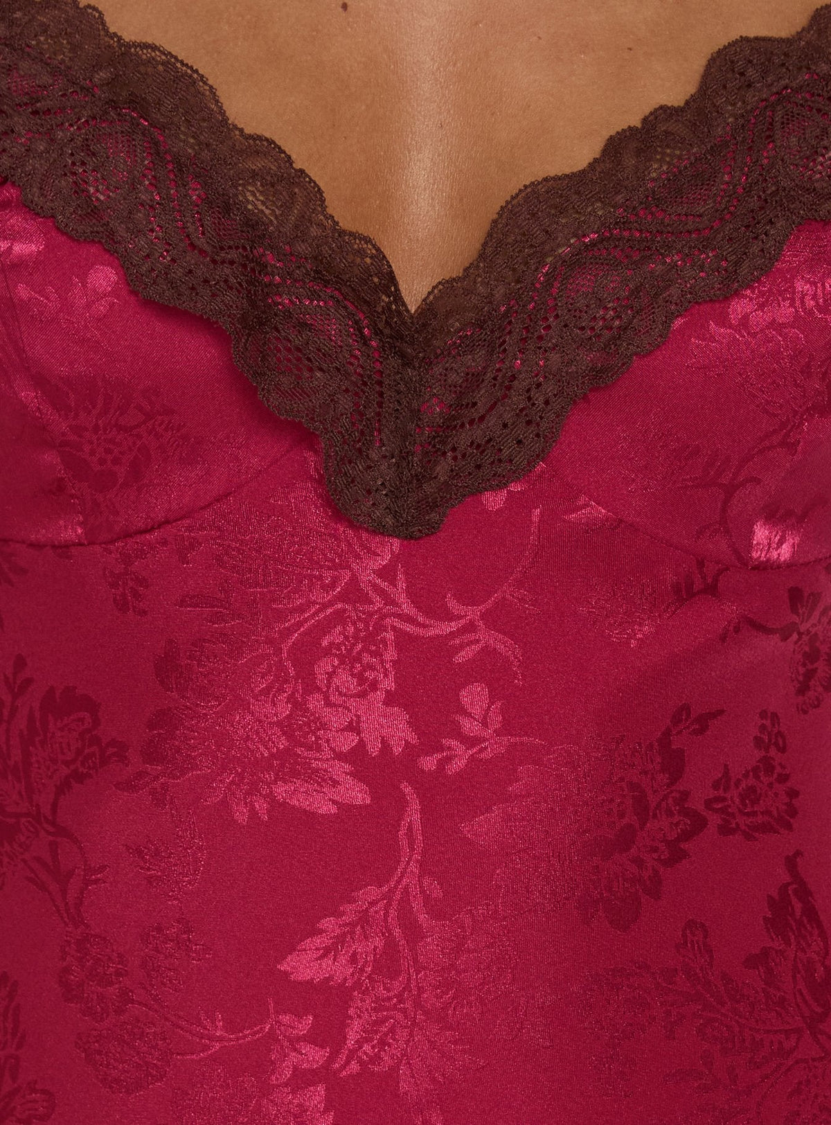 Viretta Satin Jacquard Lace Trim Mini Dress Burgundy