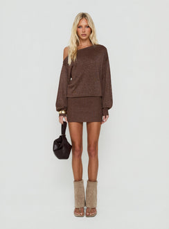 Johannah Off Shoulder Long Sleeve Knit Mini Dress Brown