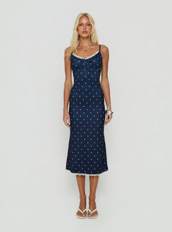 Delaney V-Ausschnitt Rüschen-Midikleid Navy / Weiß Gepunktet