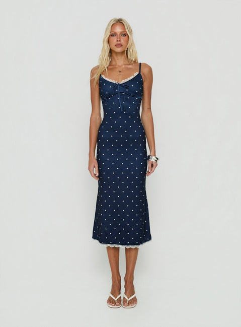 Delaney V-Ausschnitt Rüschen-Midikleid Navy / Weiß Gepunktet