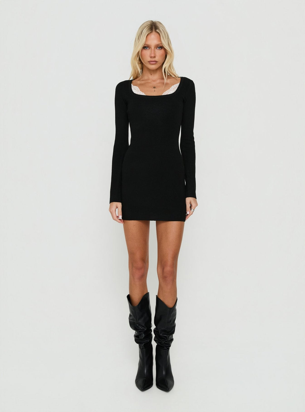 Orlla Square Neck Lace Detail Long Sleeve Mini Dress Black