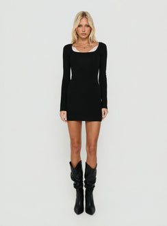 Orlla Square Neck Lace Detail Long Sleeve Mini Dress Black