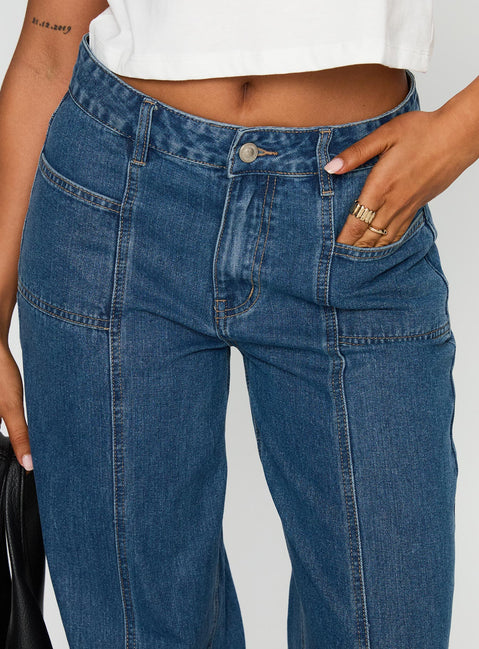 front view of model wearing Princess Polly Taji Wide Leg Jeans Dark Blue Mid Rise 