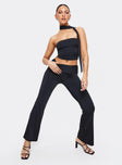 Matching set Crop top, elasticated band at bust, attached neck tie Low rise pants, thick elasticated waistband, ruching details at side Good stretch, partially lined