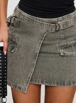 back view of model wearing Princess Polly Bambas Wrap Denim Mini Skirt Washed Green Mini Skirts 