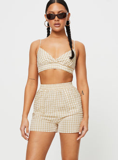 Three-piece matching set Relaxed fit, check print Long sleeve shirt, classic collar, button fastening at front Crop top, adjustable shoulder straps, v-neckline, elasticated band at bust Shorts, elasticated waistband, twin hip pockets