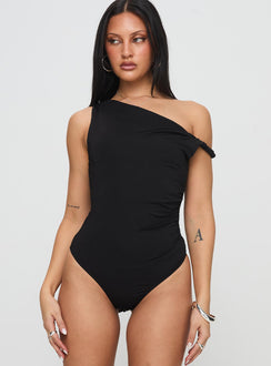 front view of model wearing Princess Polly Leclerc Bodysuit Black Sleeveless Asymmetric Neckline 