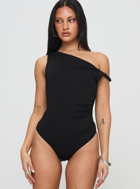 front view of model wearing Princess Polly Leclerc Bodysuit Black Sleeveless Asymmetric Neckline 