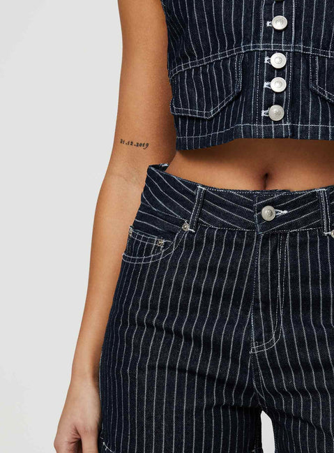 back view of model wearing Princess Polly Rathlyn Pinstripe Shorts Dark Denim High Waisted Shorts 