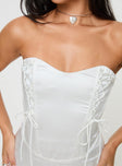 back view of model wearing Princess Polly Lorah Corset Mini Dress White Sweetheart Neckline 