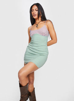 Front view of model wearing  front Princess Polly Sweetheart Neckline  Bumbles Check Mini Dress Pink / Green