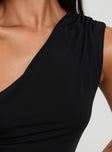 back view of model wearing Princess Polly Vulnerable One Shoulder Top Black Sleeveless Asymmetric Neckline 