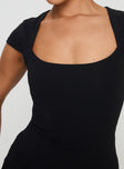 back view of model wearing Princess Polly Ravenna Mini Dress Black Scoop Neck 