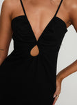 Maxi dress V neckline, adjustable straps, cut out detail at centre, invisible zip fastening  Non-stretch material, lined bust