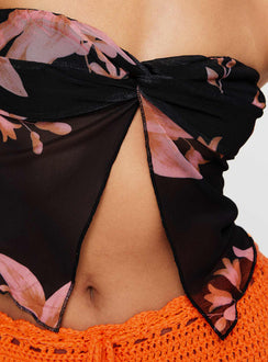 back view of model wearing Princess Polly Mani Top Black Floral Sleeveless Sweetheart 