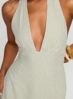 back view of model wearing Princess Polly Caralyn Halter Maxi Dress Multi Stripe Plunger 