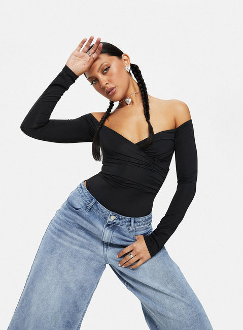 back view of model wearing Princess Polly Tarine Wrap Bodysuit Black Full Sleeves 